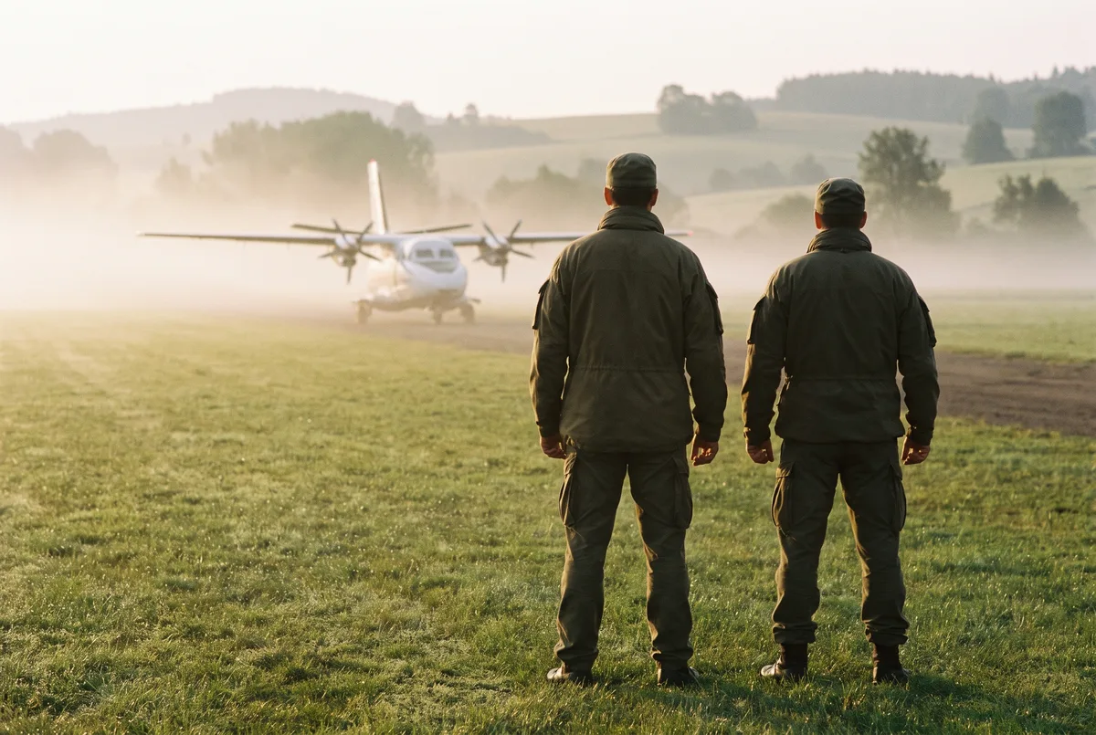 Instruktoři D&S Tactics zezadu na travnatém letišti před letounem L-410 za úsvitu